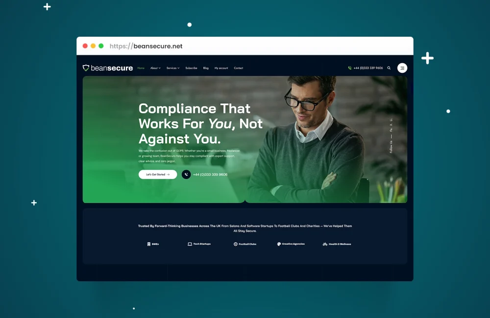 Homepage design for BeanSecure.net featuring a bold hero section, strong headline messaging, and streamlined navigation. Crafted by Bean Creative Marketing to deliver a high-conversion, user-first experience for a modern data protection brand.