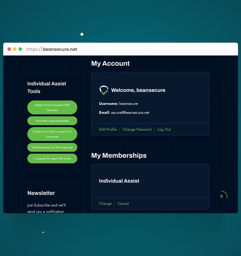 User dashboard interface for BeanSecure.net featuring custom membership management, interactive tools, and clean UI components. Designed by Bean Creative Marketing to deliver a seamless, intuitive user experience tailored for data protection services.