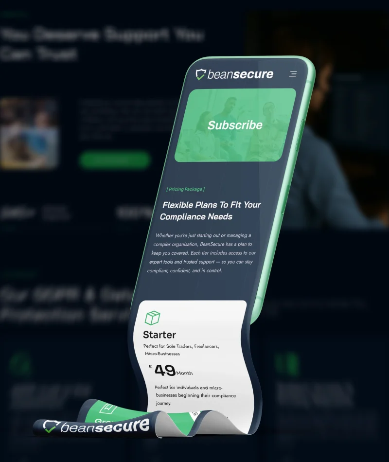 Mobile-optimised pricing page for BeanSecure.net displayed in a 3D phone mockup. The sleek, scrollable design showcases a responsive layout with intuitive navigation and clear subscription options—crafted by Bean Creative Marketing for seamless user experience across all devices.