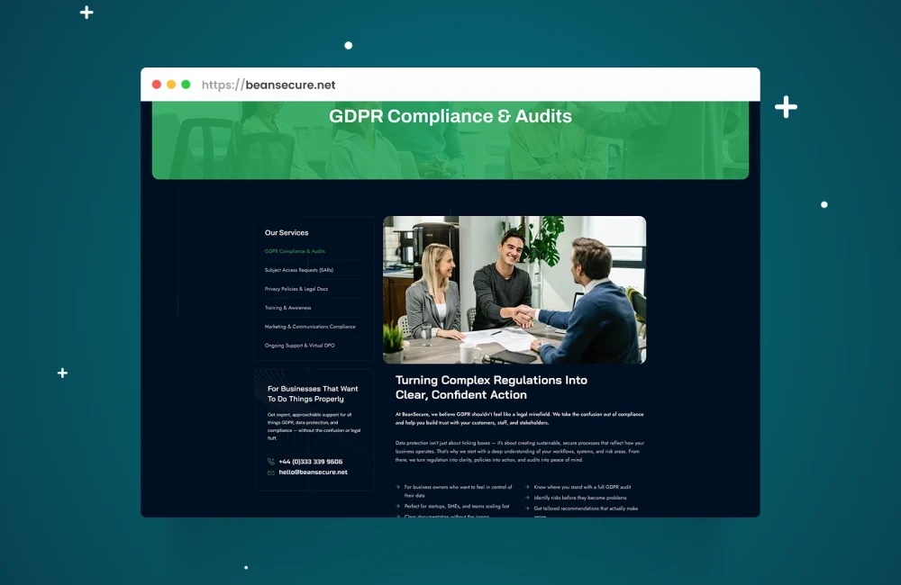 Professional service page design for BeanSecure.net displayed in a browser mockup. Showcases a clean, modern layout with accessible navigation and engaging visuals, crafted by Bean Creative Marketing to simplify complex topics like GDPR compliance for businesses.