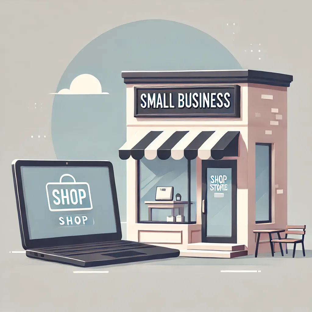 Illustration of a small business storefront next to a laptop displaying an online shop, symbolising the importance of having a website for small businesses in 2025.