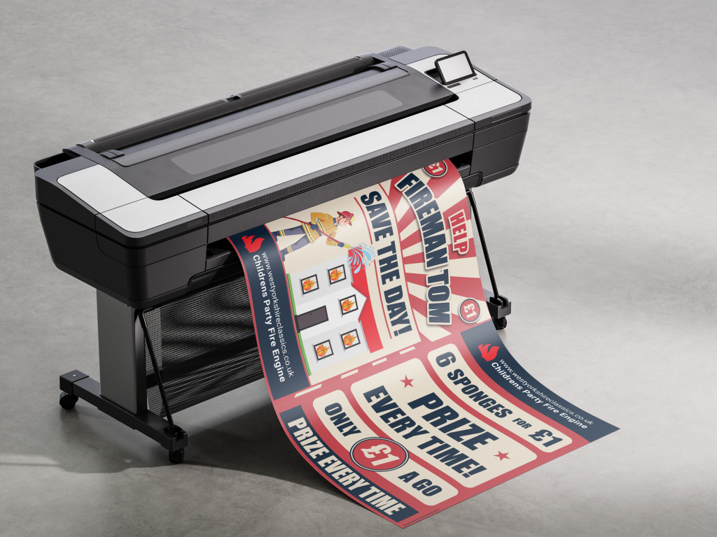High-resolution printer producing a colourful, custom event banner for a children’s fire engine party. Showcases professional branding, bold typography, and vibrant print quality — ideal for promotional materials and event signage.