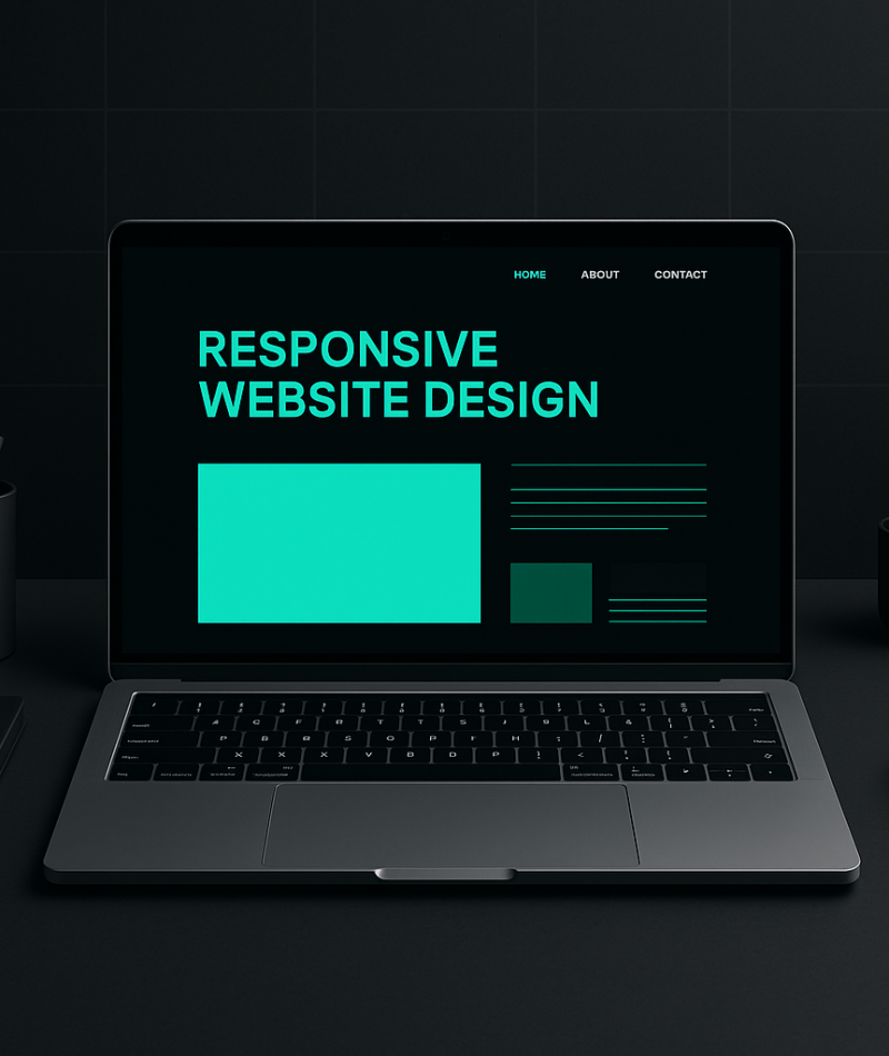 Modern workspace featuring a sleek laptop displaying a responsive website design in teal and black (#02fcbd, #080909), with minimalist desk accessories and subtle grid-patterned black background.