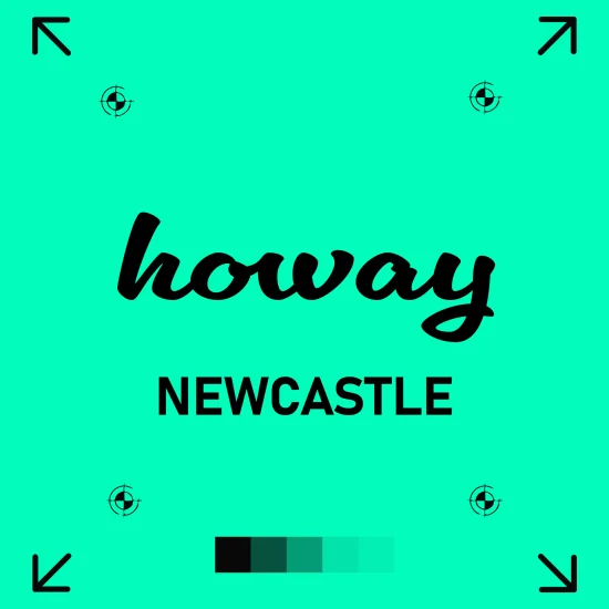 newcastle A bold teal poster featuring the Geordie greeting “howay” in flowing black script, with “NEWCASTLE” in uppercase below. The design includes print registration marks in each corner and a horizontal row of green-toned swatches at the bottom, giving a modern print-ready aesthetic that celebrates local identity.